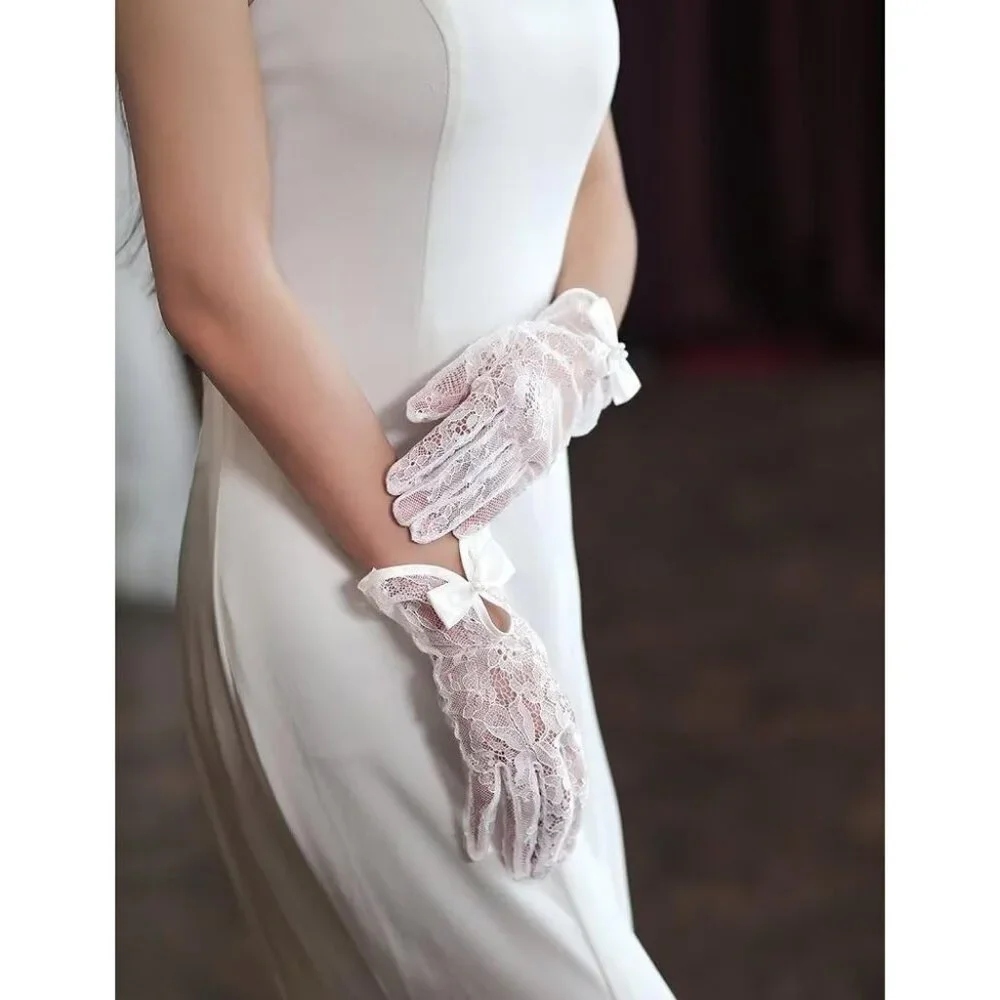 Women's Lvory-4 Short Pearls Lace Border Mesh Gloves Wedding Formal Party Prom